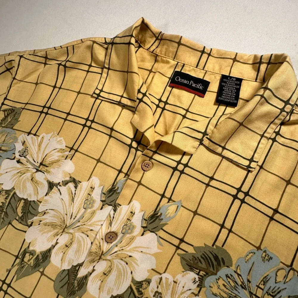 Y2K‎ Ocean Pacific Hawaiian Shirt Mens Large Yellow Rayon Floral Plaid Surf Camp